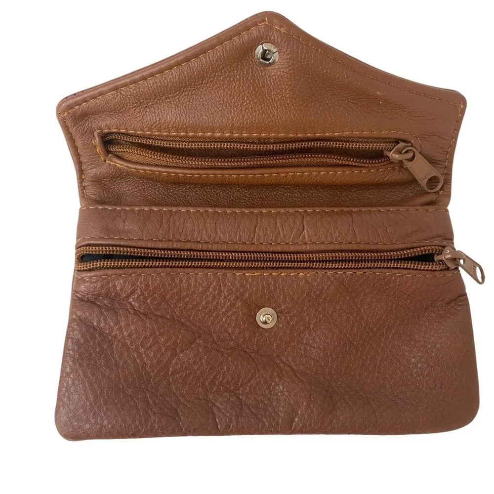 Vintage Tan‎ Leather Small Envelope Wallet Purse Zippered Pockets Travel Mexico